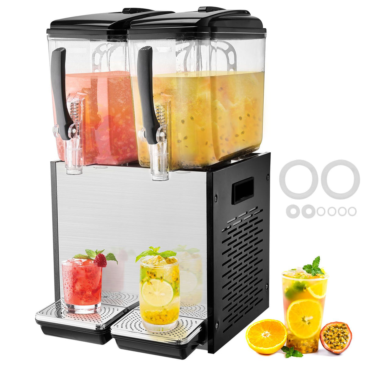 VEVOR Commercial Beverage Dispenser, 2 Tanks 12 L Per Tank Juice Dispenser, 286W Stainless Steel Ice Tea Drink Machine with 7℃-12℃ Cooling Temperature, for Cold Drink Restaurant Bar Party