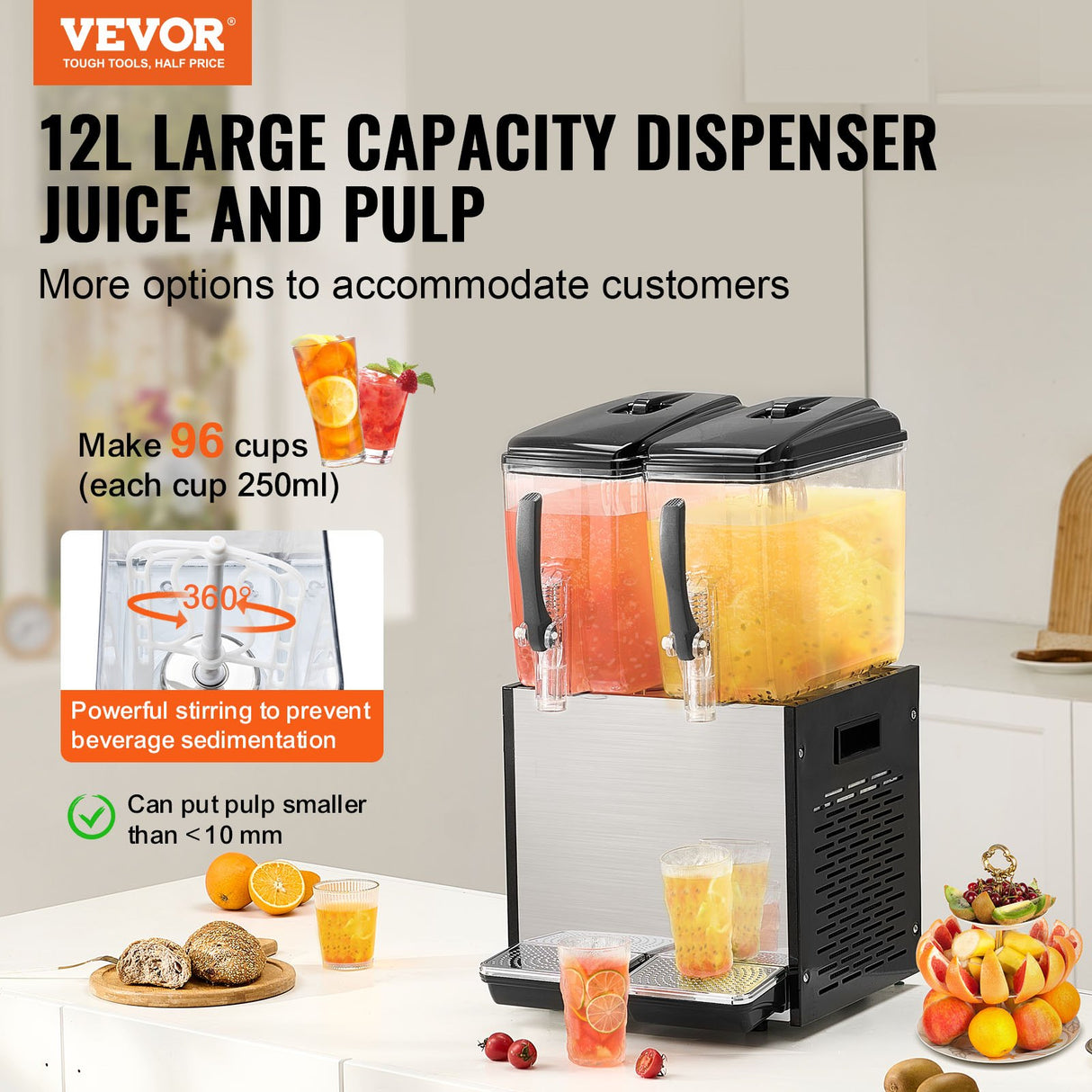 VEVOR Commercial Beverage Dispenser, 2 Tanks 12 L Per Tank Juice Dispenser, 286W Stainless Steel Ice Tea Drink Machine with 7℃-12℃ Cooling Temperature, for Cold Drink Restaurant Bar Party