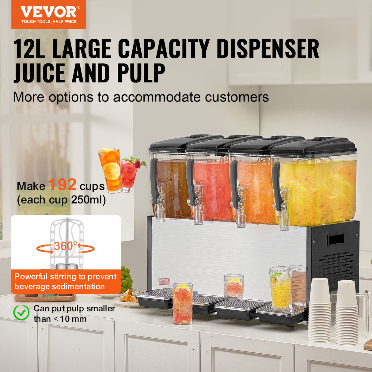 VEVOR Commercial Beverage Dispenser, 4 Tanks 12 L Per Tank Juice Dispenser, 510W Stainless Steel Ice Tea Drink Machine with 7℃-12℃ Cooling Temperature, for Cold Drink Restaurant Bar Party