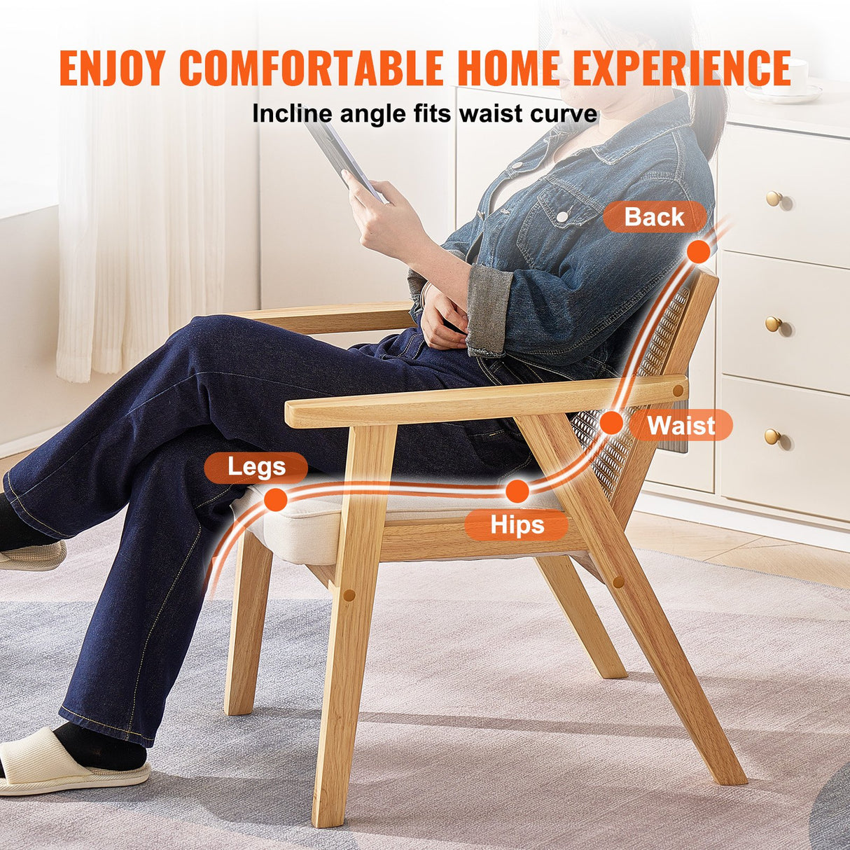 VEVOR Rattan Chair, Mid Century Modern Dining Chair with Armrest