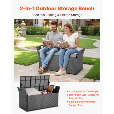 VEVOR Outdoor Storage Bench, 2-Person PE Rattan Storage Bench, 151L Deck Box with Cushion & Side Handle, Supports up to 181kg, Weatherproof Outdoor Seating & Porch Decor for Patio Garden Balcony