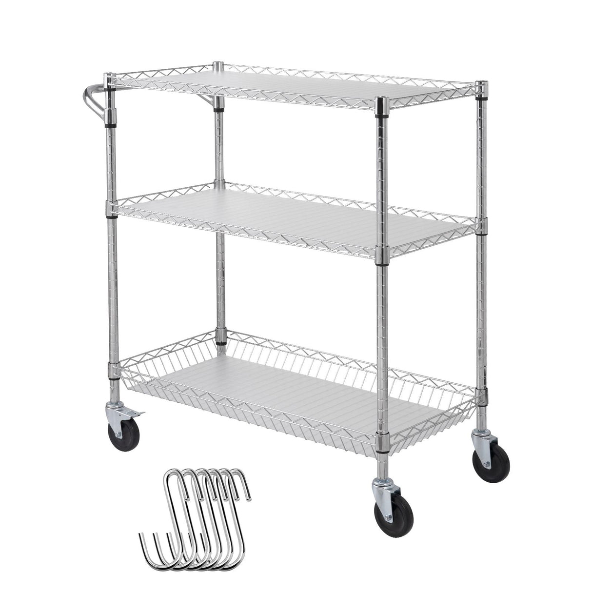 Kitchen Utility Cart, 3 Tiers, Wire Rolling Cart, Steel Service Cart on Wheels, Metal Storage Trolley with 80mm Basket Curved Handle PP Liner 6 Hooks, for Indoor and Outdoor