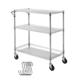 Kitchen Utility Cart, 3 Tiers, Wire Rolling Cart, Steel Service Cart on Wheels, Metal Storage Trolley with 80mm Basket Curved Handle PP Liner 6 Hooks, for Indoor and Outdoor