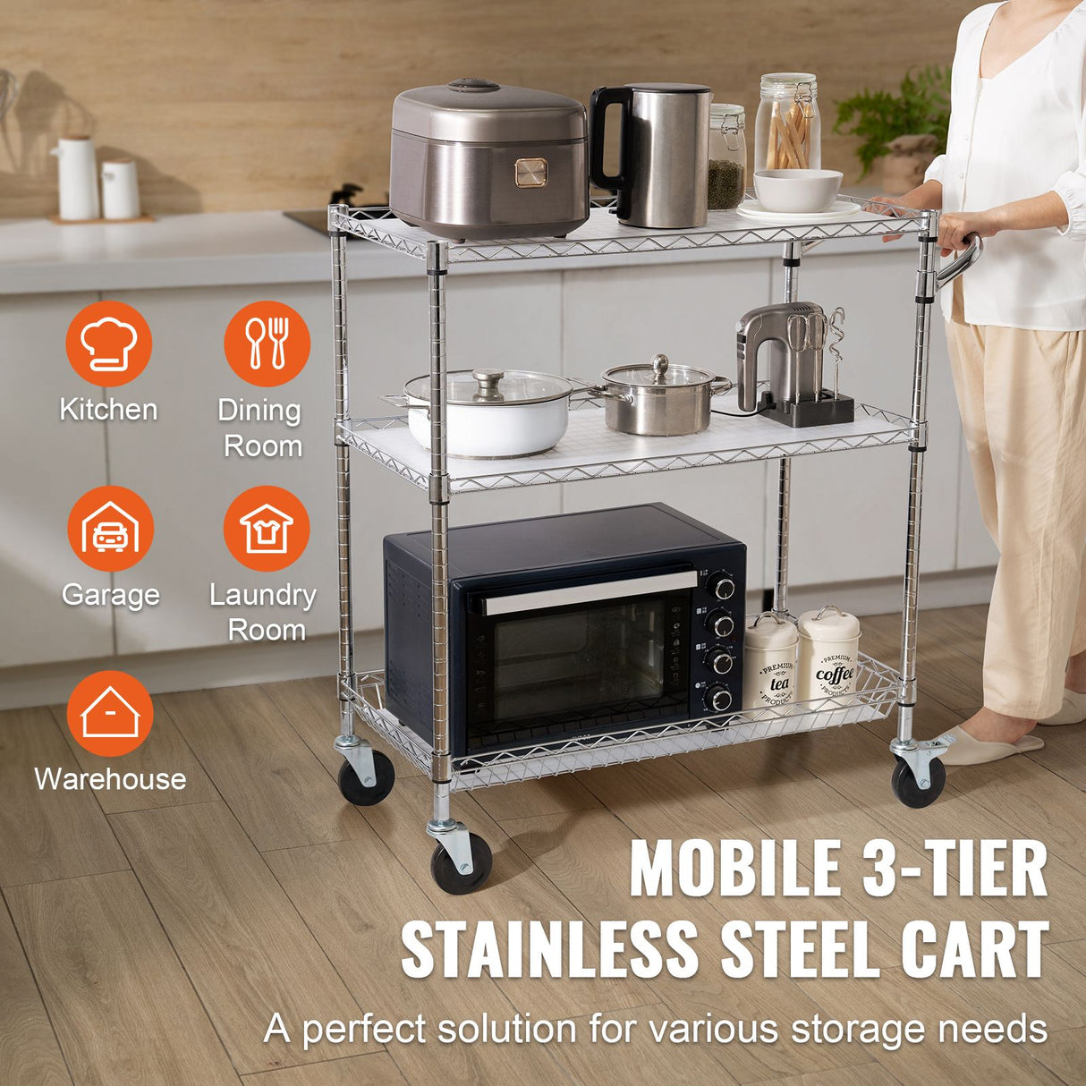 Kitchen Utility Cart, 3 Tiers, Wire Rolling Cart, Steel Service Cart on Wheels, Metal Storage Trolley with 80mm Basket Curved Handle PP Liner 6 Hooks, for Indoor and Outdoor