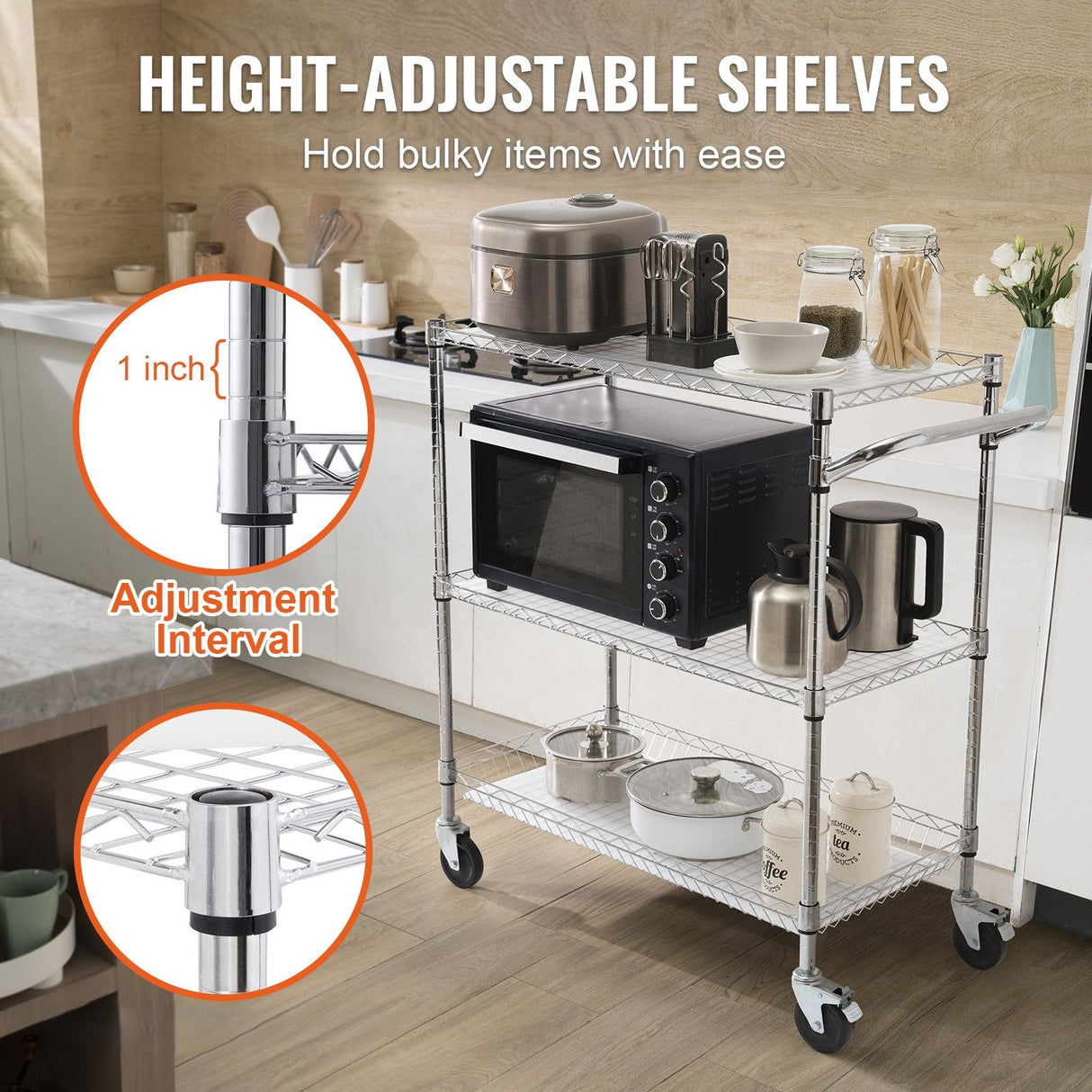 Kitchen Utility Cart, 3 Tiers, Wire Rolling Cart, Steel Service Cart on Wheels, Metal Storage Trolley with 80mm Basket Curved Handle PP Liner 6 Hooks, for Indoor and Outdoor