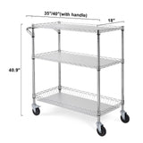 Kitchen Utility Cart, 3 Tiers, Wire Rolling Cart, Steel Service Cart on Wheels, Metal Storage Trolley with 80mm Basket Curved Handle PP Liner 6 Hooks, for Indoor and Outdoor