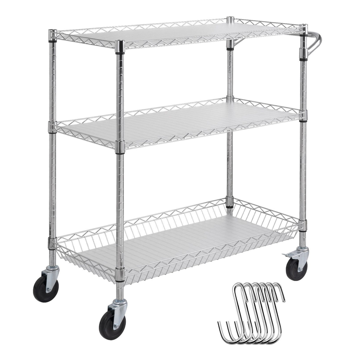 Kitchen Utility Cart, 3 Tiers, Wire Rolling Cart, Steel Service Cart on Wheels, Metal Storage Trolley with 80mm Basket Curved Handle PP Liner 6 Hooks, for Indoor and Outdoor