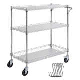 Kitchen Utility Cart, 3 Tiers, Wire Rolling Cart, Steel Service Cart on Wheels, Metal Storage Trolley with 80mm Basket Curved Handle PP Liner 6 Hooks, for Indoor and Outdoor
