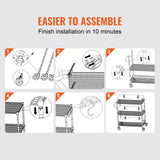 Kitchen Utility Cart, 3 Tiers, Wire Rolling Cart, Steel Service Cart on Wheels, Metal Storage Trolley with 80mm Basket Curved Handle PP Liner 6 Hooks, for Indoor and Outdoor