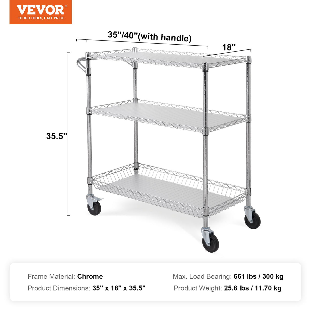 Kitchen Utility Cart, 3 Tiers, Wire Rolling Cart, Steel Service Cart on Wheels, Metal Storage Trolley with 80mm Basket Curved Handle PP Liner 6 Hooks, for Indoor and Outdoor