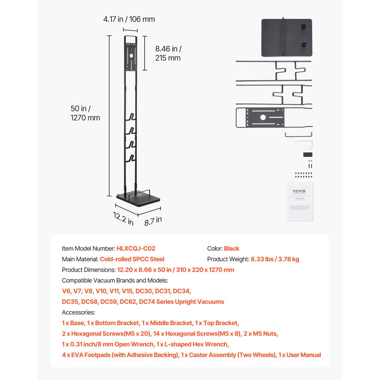 VEVOR Vacuum Stand, Compatible With Dyson V6 V7 V8 V10 V11 V15, Stable Vacuum Stand Holder with Wheels for Dyson DC30 DC31 DC34 DC35 DC58 DC59 DC62 D74 Cordless Upright Vacuum Cleaners & Accessories