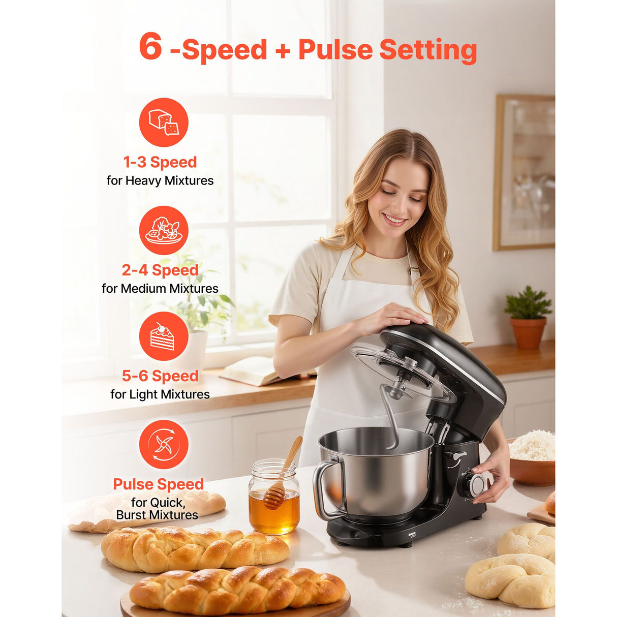 Stand Mixer 5.68 L Electric Dough Mixer 1100W 6 + P Speeds Food Beater