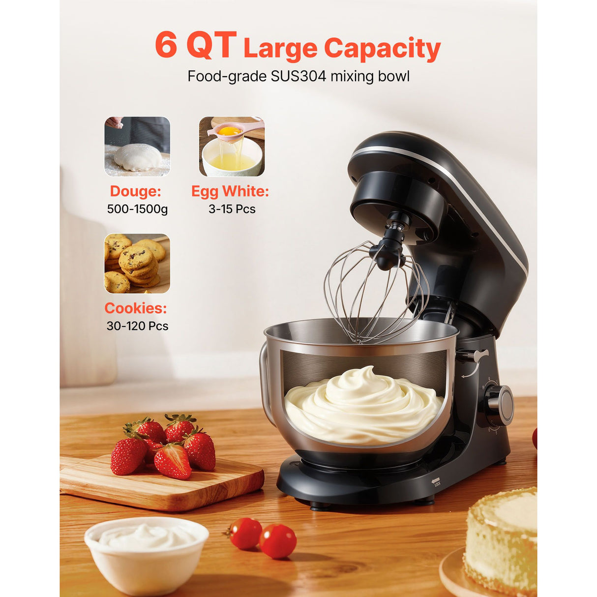 Stand Mixer 5.68 L Electric Dough Mixer 1100W 6 + P Speeds Food Beater