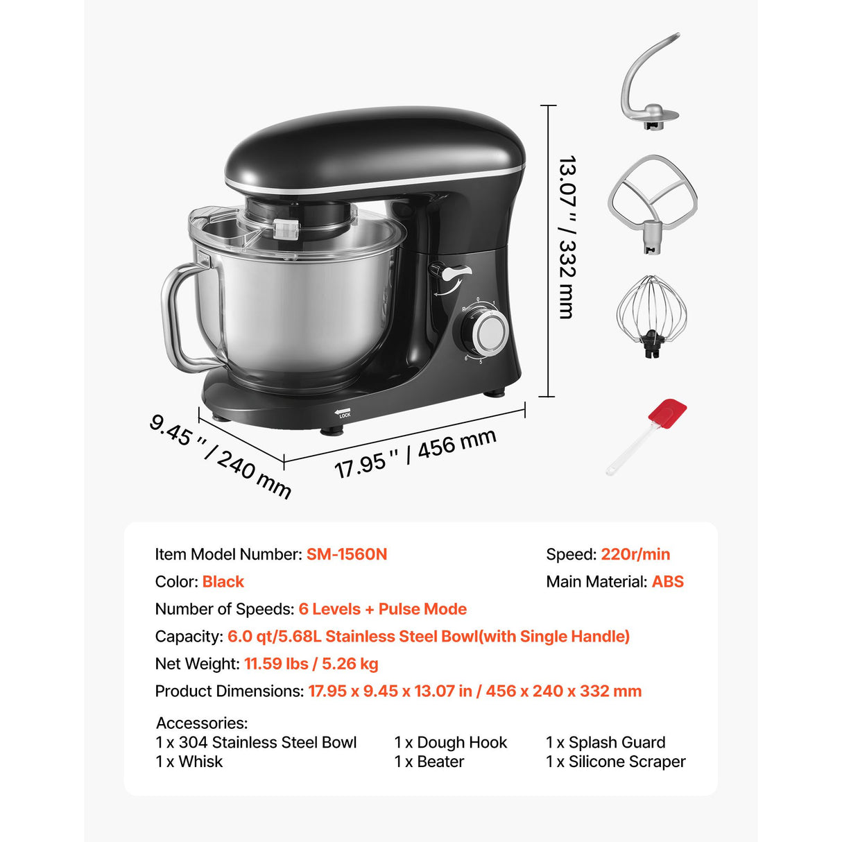 Stand Mixer 5.68 L Electric Dough Mixer 1100W 6 + P Speeds Food Beater