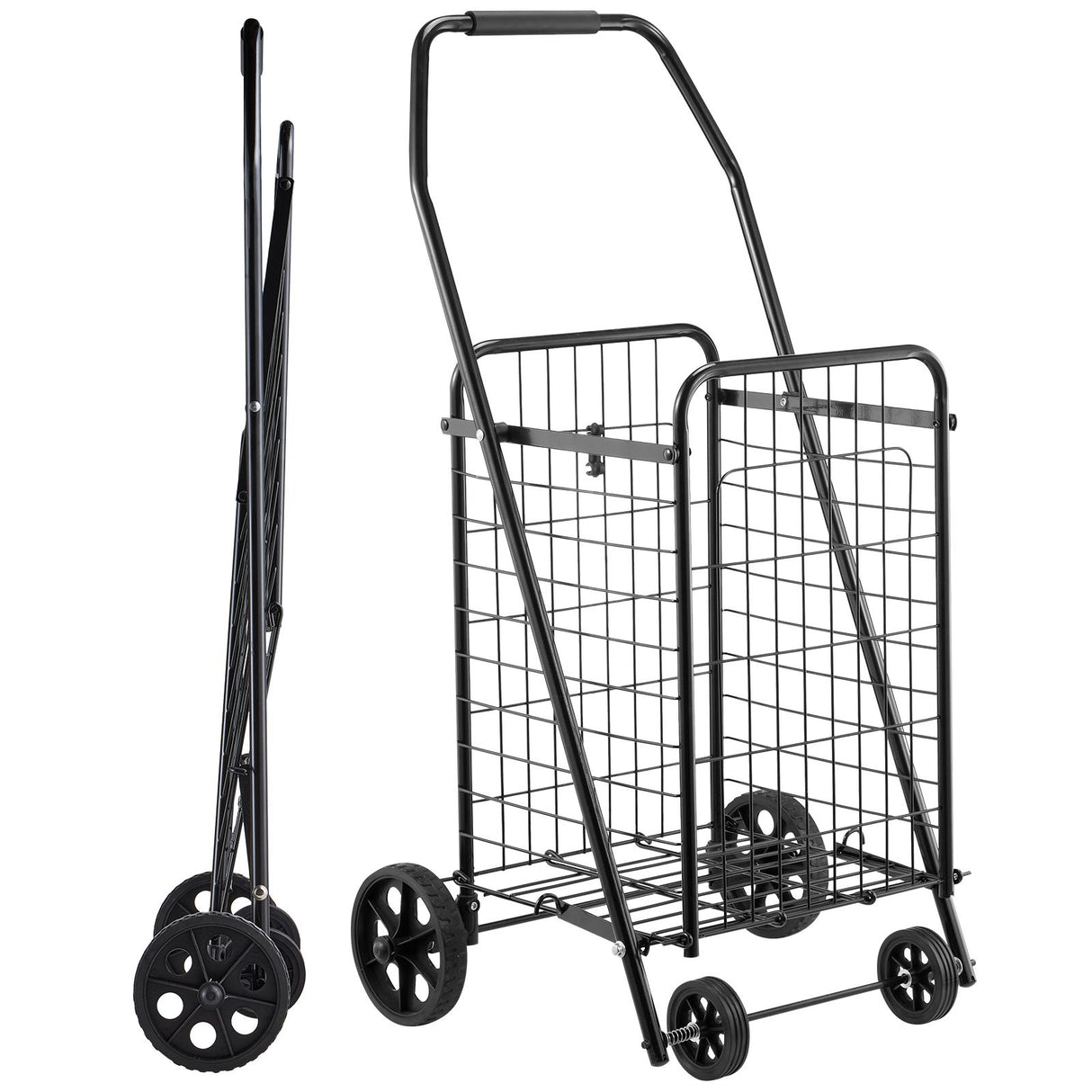Shopping Cart, Folding Grocery Utility Cart with Swivel Wheels, 40.8 kg Large Load Capacity, Heavy Duty Rolling Laundry Basket Butler for Laundry, Shopping, Camping, Grocery, Luggage, Black