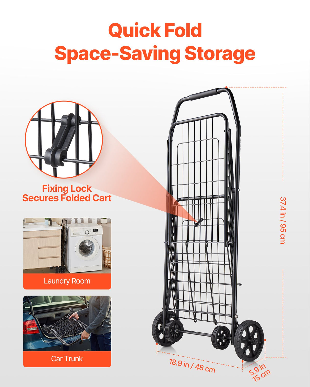 Shopping Cart, Folding Grocery Utility Cart with Swivel Wheels, 40.8 kg Large Load Capacity, Heavy Duty Rolling Laundry Basket Butler for Laundry, Shopping, Camping, Grocery, Luggage, Black