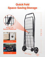 Shopping Cart, Folding Grocery Utility Cart with Swivel Wheels, 40.8 kg Large Load Capacity, Heavy Duty Rolling Laundry Basket Butler for Laundry, Shopping, Camping, Grocery, Luggage, Black