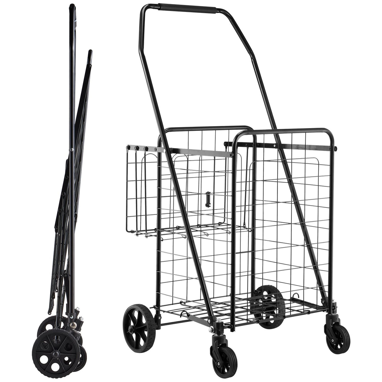 Shopping Cart, Folding Grocery Utility Cart with Dual Baskets, Waterproof Liner & Wheels, 45 KG Large Load Capacity, Heavy Duty Laundry Basket for Laundry, Shopping, Camping, Grocery, Luggage