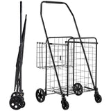 Shopping Cart, Folding Grocery Utility Cart with Dual Baskets, Waterproof Liner & Wheels, 45 KG Large Load Capacity, Heavy Duty Laundry Basket for Laundry, Shopping, Camping, Grocery, Luggage