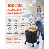 Shopping Cart, Folding Grocery Utility Cart with Dual Baskets, Waterproof Liner & Wheels, 45 KG Large Load Capacity, Heavy Duty Laundry Basket for Laundry, Shopping, Camping, Grocery, Luggage