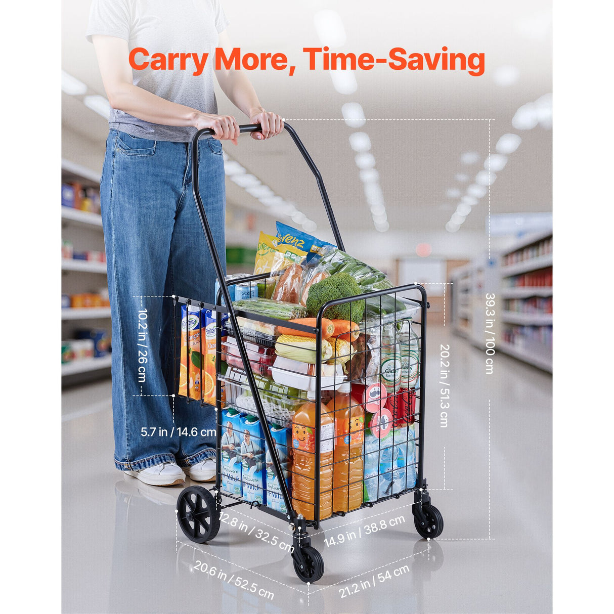 Shopping Cart, Folding Grocery Utility Cart with Dual Baskets, Waterproof Liner & Wheels, 45 KG Large Load Capacity, Heavy Duty Laundry Basket for Laundry, Shopping, Camping, Grocery, Luggage