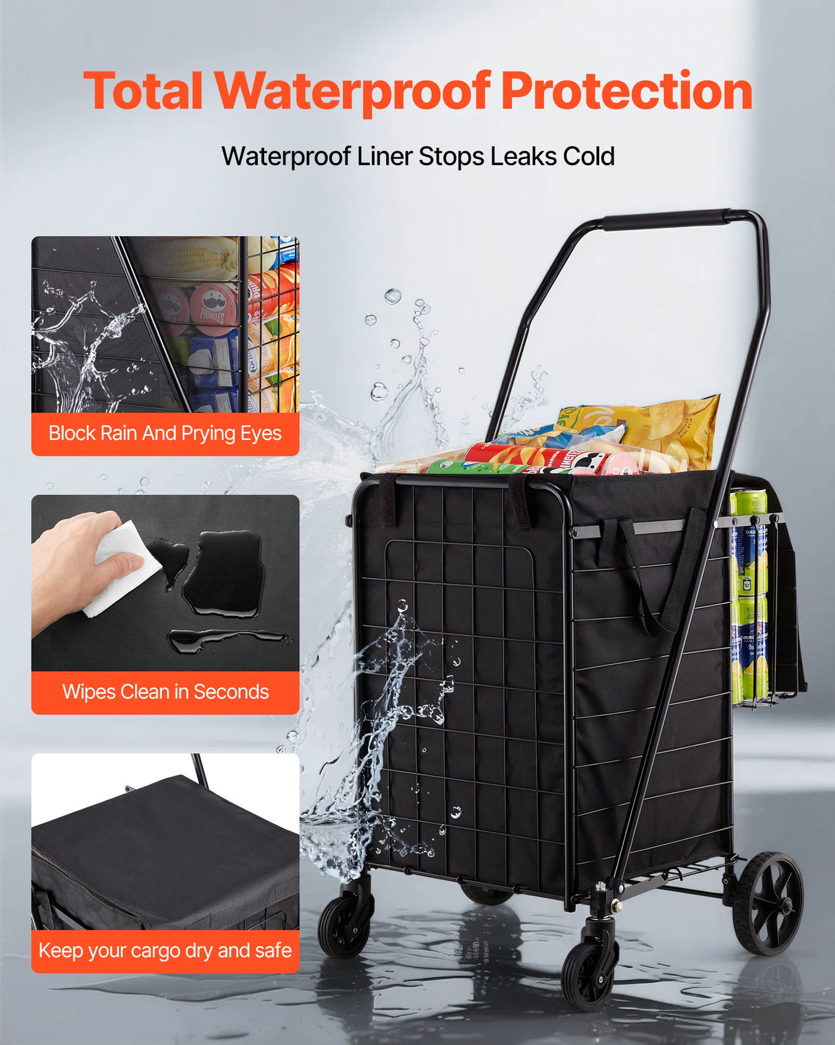 Shopping Cart, Folding Grocery Utility Cart with Dual Baskets, Waterproof Liner & Wheels, 45 KG Large Load Capacity, Heavy Duty Laundry Basket for Laundry, Shopping, Camping, Grocery, Luggage