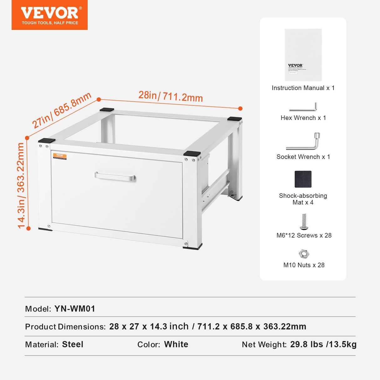 Laundry Pedestal 686mmmW x 366mmH, Washer And Dryer Base Stand Platform Universal Fit 299kg Capacity, Heavy Duty Multi-Functional Base for Washing Machine with Drawer & Rich Accessories