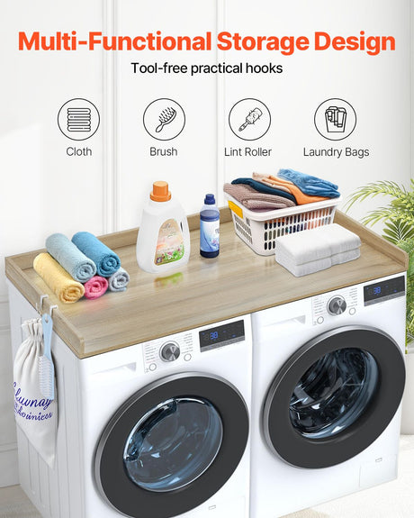 Washer Dryer Countertop, 54" x 27" Wooden Washer and Dryer Countertop, Water-Resistant Laundry Machine Topper Cover with Anti-Slip Pads, for Laundry Room Organization and Storage, Oak