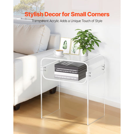 Acrylic Side Table, 2 Tiers Clear Bedside Table with Storage Shelf, Modern Rectangle Acrylic End Desk, Transparent Thick Nightstand for Bedroom, Living Room, Study, 30 x 40 x 50 cm (Clear)