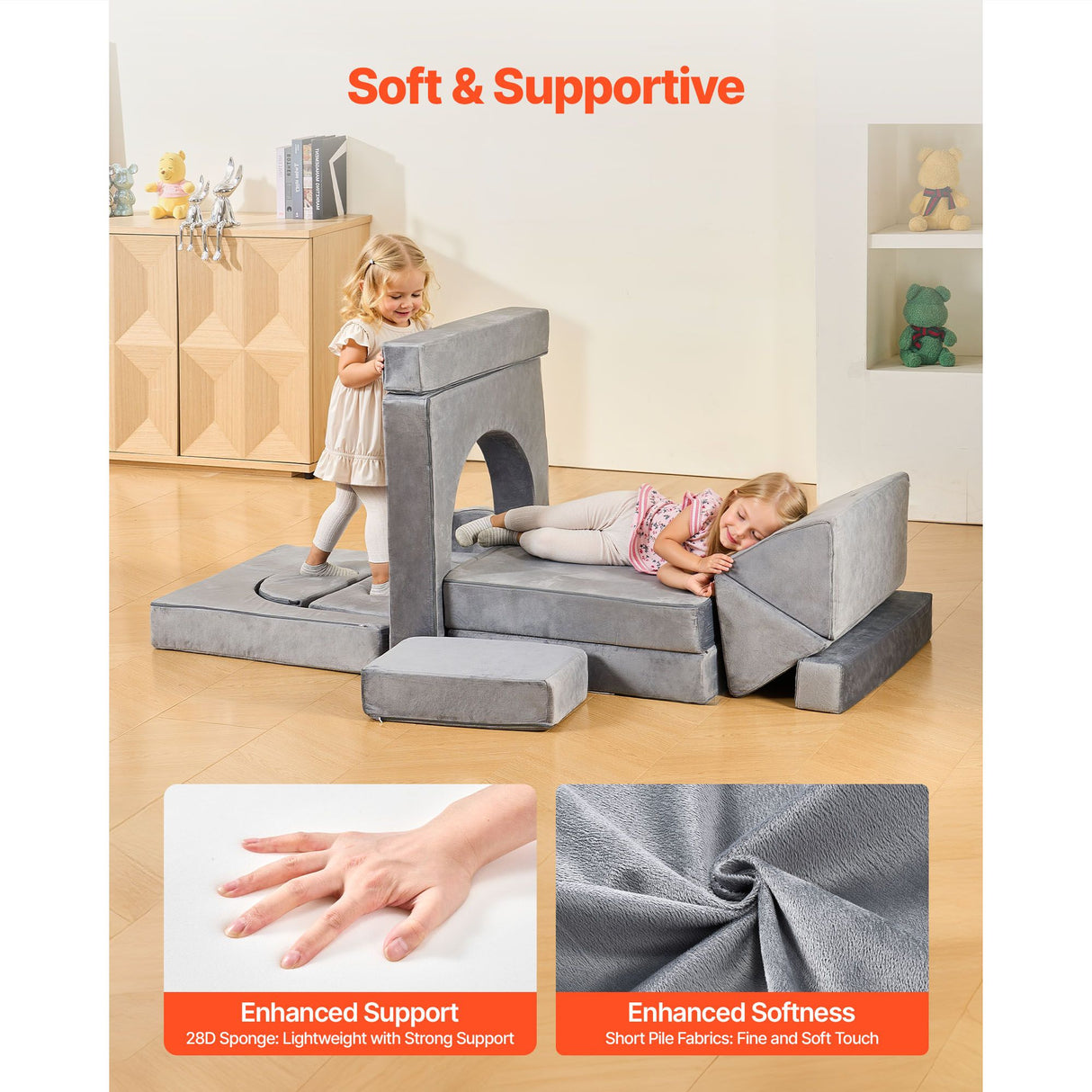 VEVOR Modular Kids Play Couch, Sectional Toddler Sofa with Armrests, 28D Sponge & Short Pile, Convertible Kids Modular Couch DIY Creative Combination for Playroom, Bedroom, Living Room, 14 Pcs, Gray