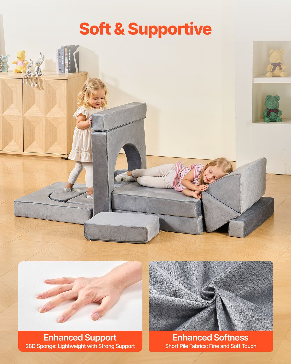 VEVOR Modular Kids Play Couch, Sectional Toddler Sofa with Armrests, 28D Sponge & Short Pile, Convertible Kids Modular Couch DIY Creative Combination for Playroom, Bedroom, Living Room, 14 Pcs, Gray