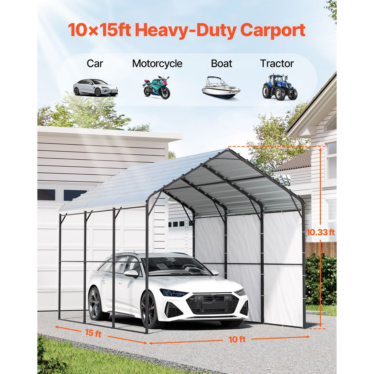 VEVOR Heavy Duty Metal Carport, 10' x 15' Outdoor Carport with Galvanized Steel Frame & Roof, Car Tent Garage Shade with Removable Sidewalls, Multi-Use Car Shelter for Pickup, Boat, Car & Tractors