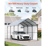 VEVOR Heavy Duty Metal Carport, 10' x 15' Outdoor Carport with Galvanized Steel Frame & Roof, Car Tent Garage Shade with Removable Sidewalls, Multi-Use Car Shelter for Pickup, Boat, Car & Tractors