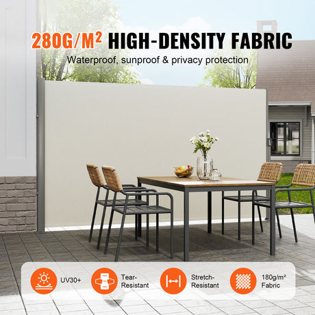 Retractable Side Awning,160X300cm Aluminum Outdoor Privacy Screen, 280g Polyester Water-proof Retractable Patio Screen, UV 30+ Room Divider Wind Screen for Patio, Backyard, Balcony, Beige