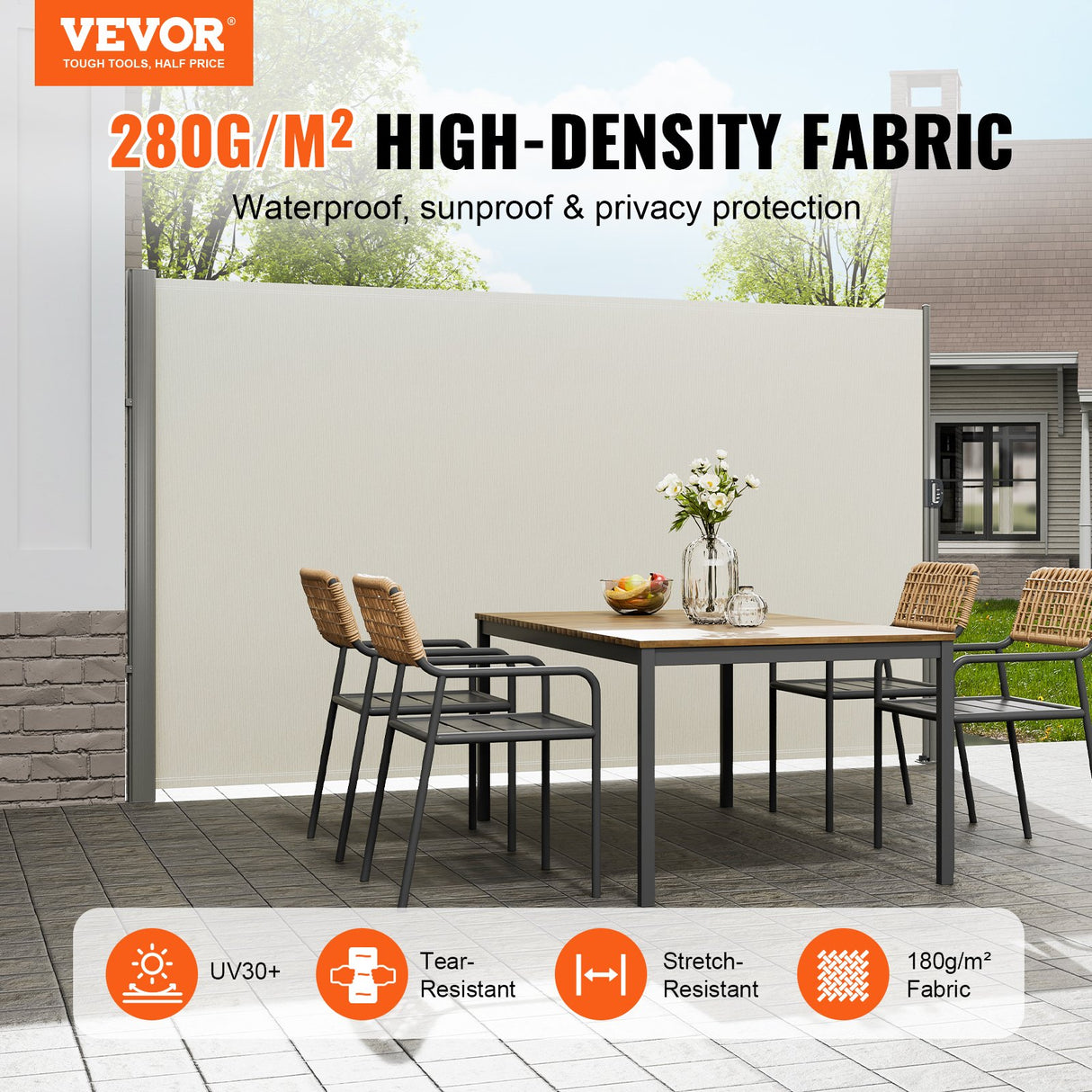 Retractable Side Awning,160X300cm Aluminum Outdoor Privacy Screen, 280g Polyester Water-proof Retractable Patio Screen, UV 30+ Room Divider Wind Screen for Patio, Backyard, Balcony, Beige
