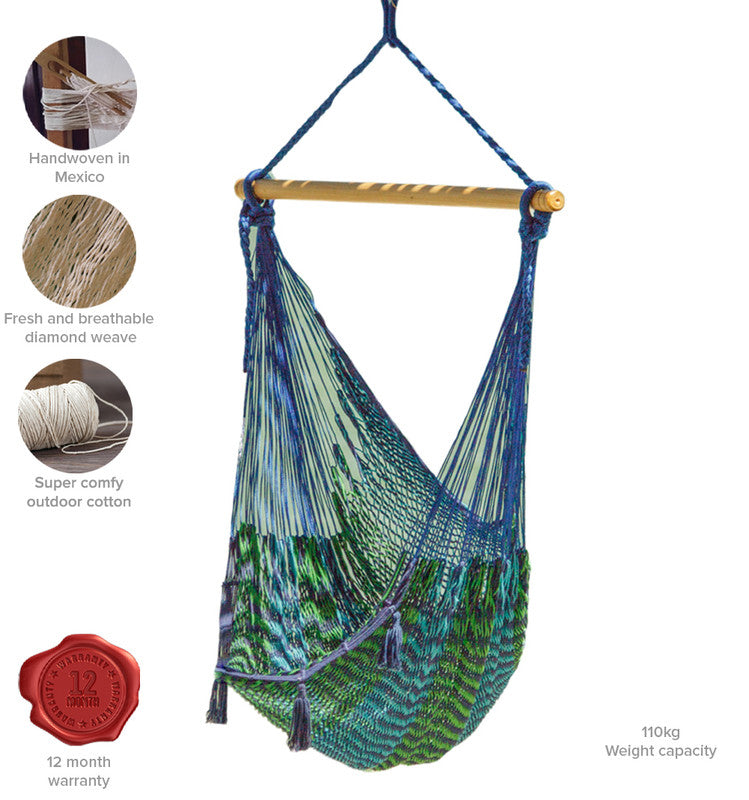 Mayan Legacy Extra Large Outdoor Cotton Mexican Hammock Chair in Caribe Colour