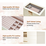 4 Layer Jewelry Box PU Leather Jewellery Organizer Multi-functional Storage Case with Clear Glass Lid and 3 Drawers for Necklaces Rings Earrings Watches