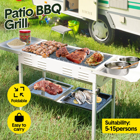 Portable Large Barbecue Charcoal Grill Stove Foldable Kebab Stainless Steel BBQ Grill With 2 Grill Nets 2 Enamel Baking Pans And Tong Outdoor Camping Patio