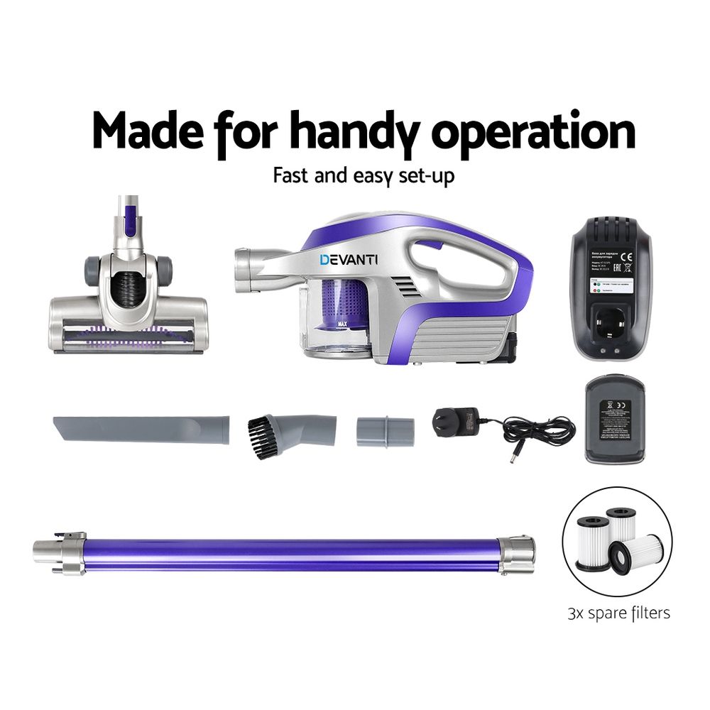 Devanti Stick Vacuum Cleaner Cordless HEPA Filter Purple 150W