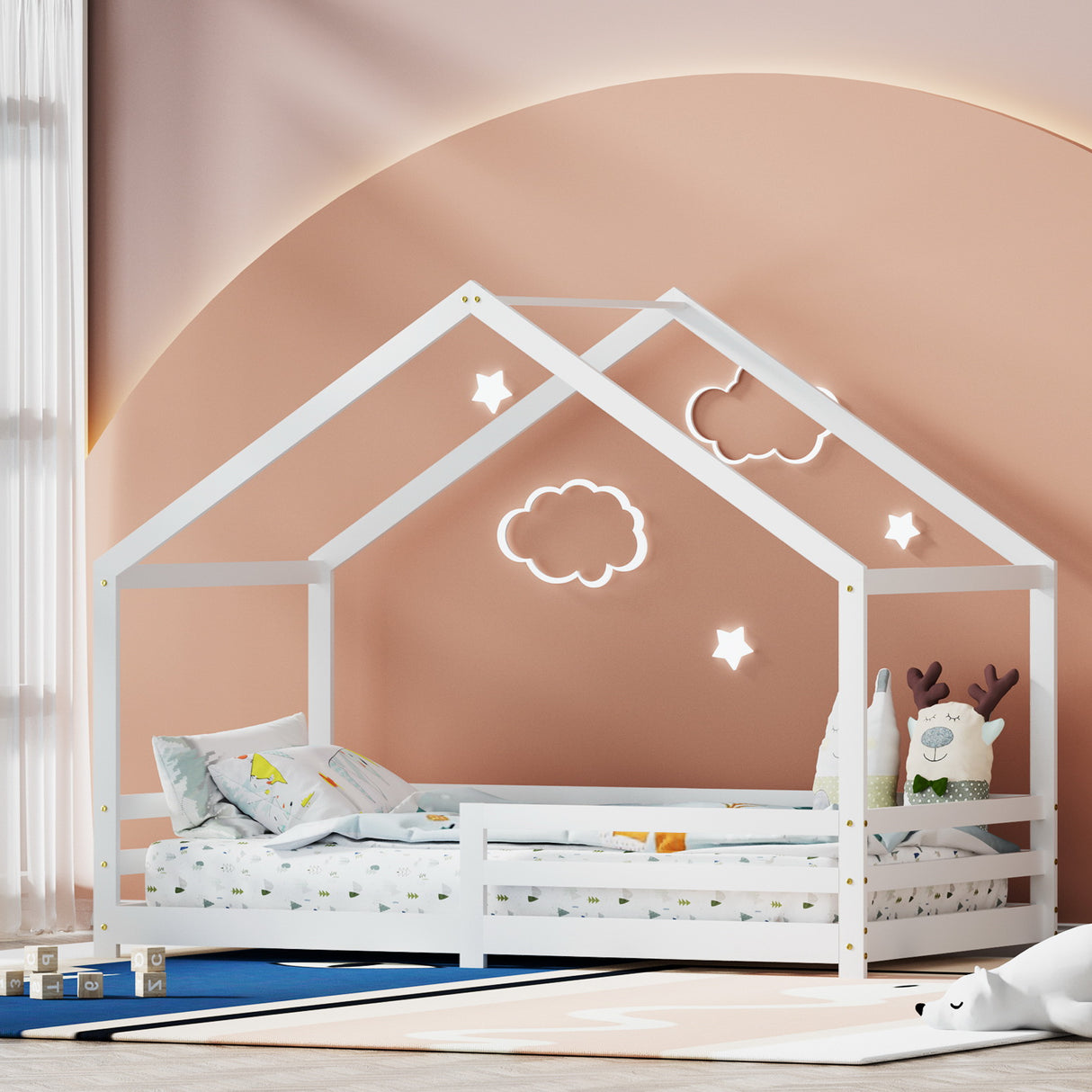 Aria Bed Frame Wooden Kids Single House Frame White AMOS