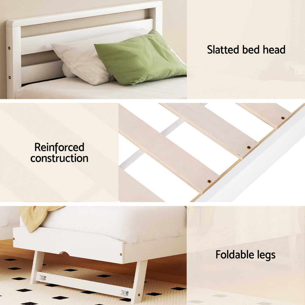 Artiss Bed Frame Single Size 2-in-1 Trundle Wooden White AVIS