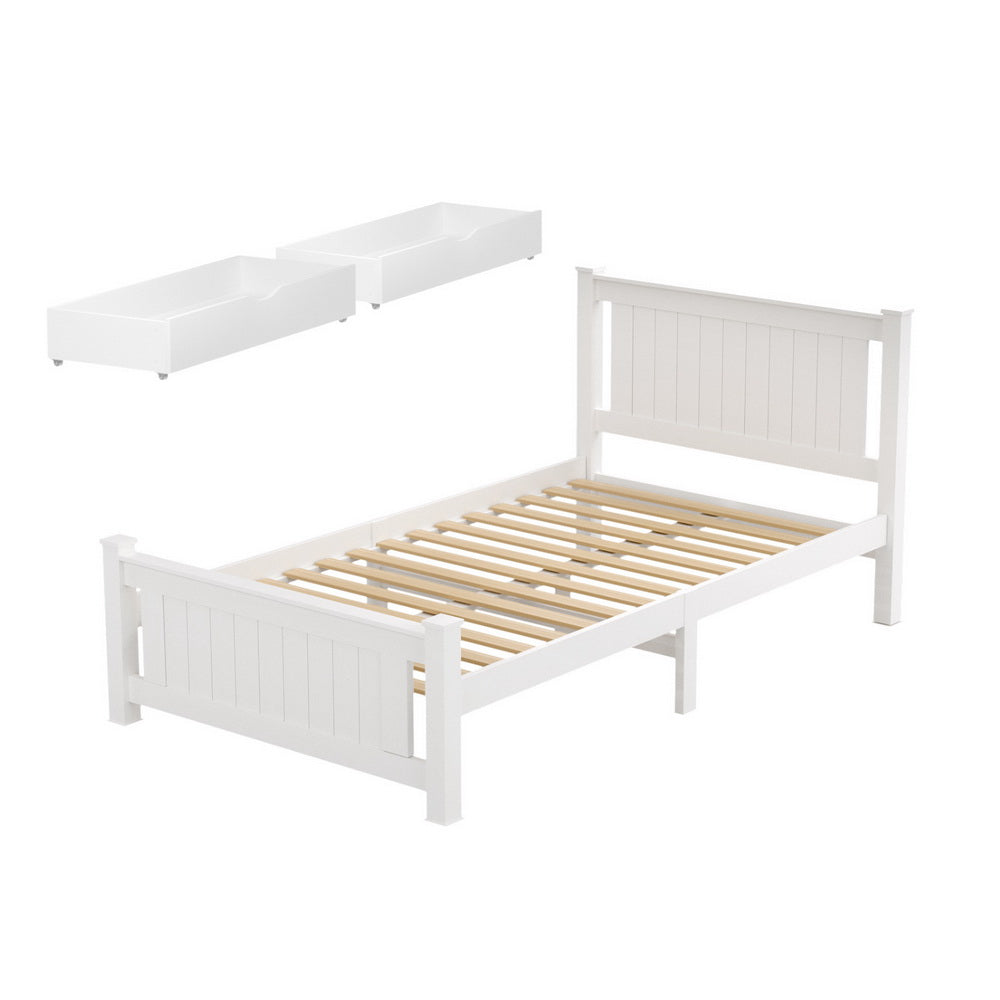Artiss Bed Frame King Single Size Wooden Platform with 2 Storage Drawers White RIO