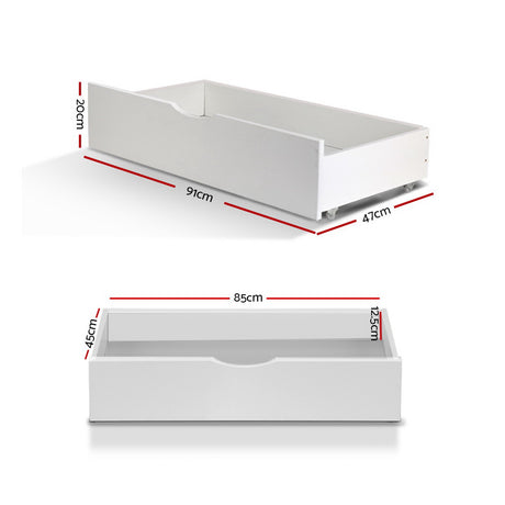 Set of 2 Single Size Wooden Trundle Drawers - White
