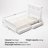Artiss Bed Frame King Single Size Wooden with 2 Storage Drawers White