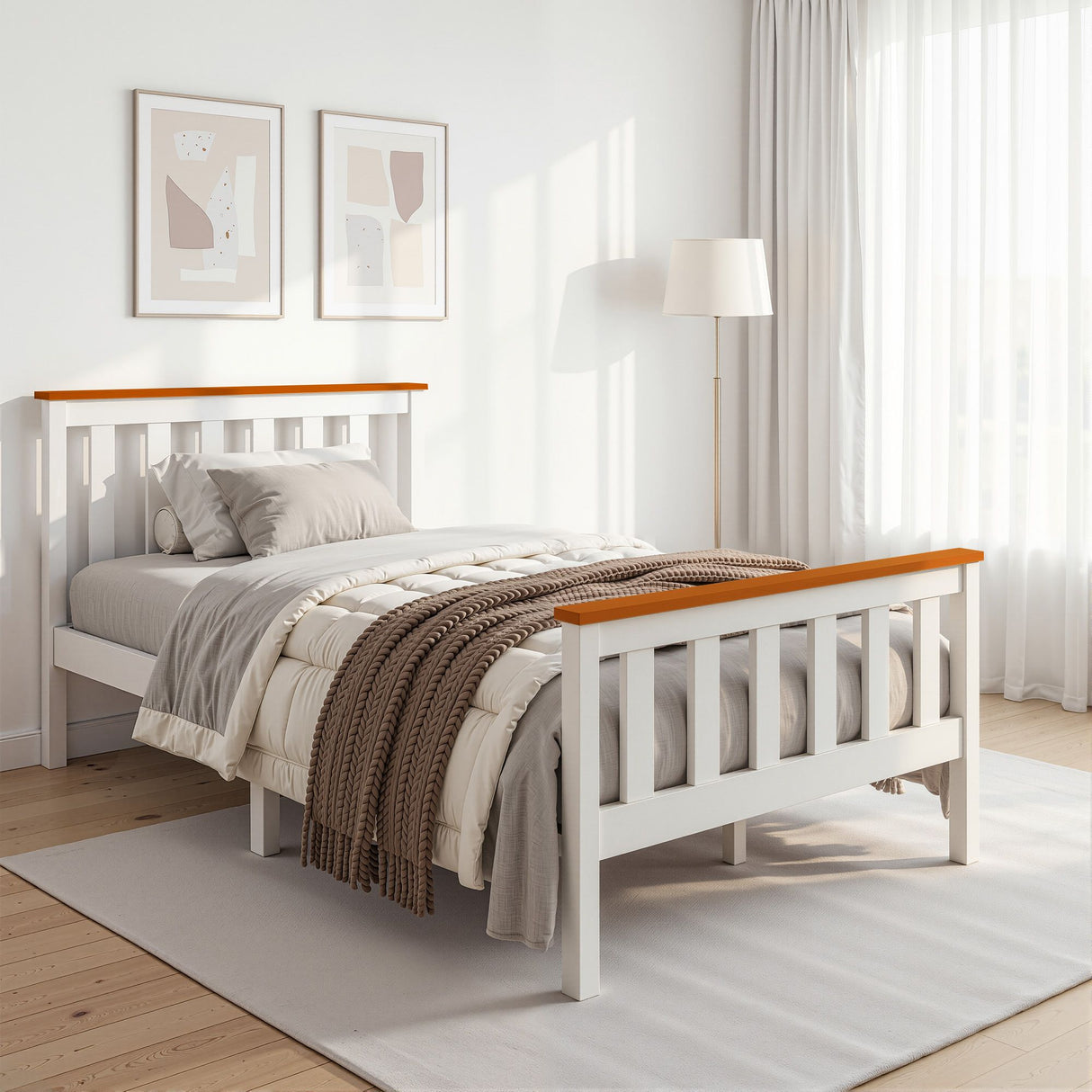 White & Oak Wooden Bed Frame Single