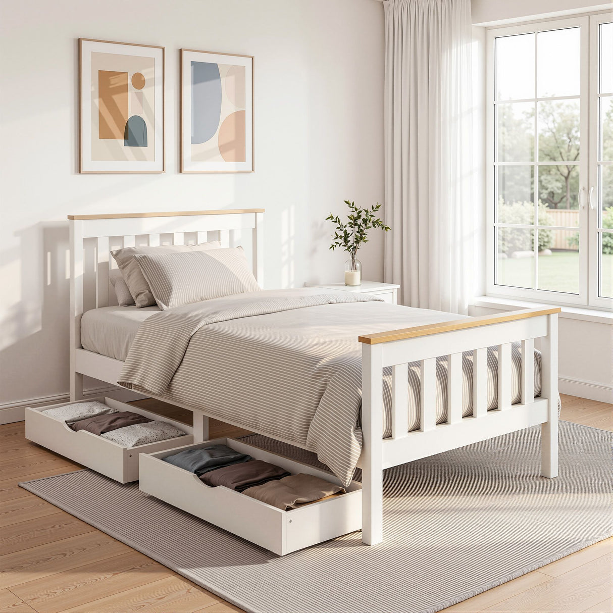 Artiss Bed Frame Single Size Wooden Platform with 2 Storage Drawers White PONY