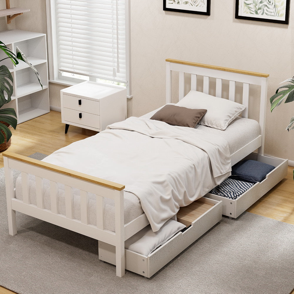 Artiss Bed Frame Single Size Wooden Platform with 2 Storage Drawers White PONY