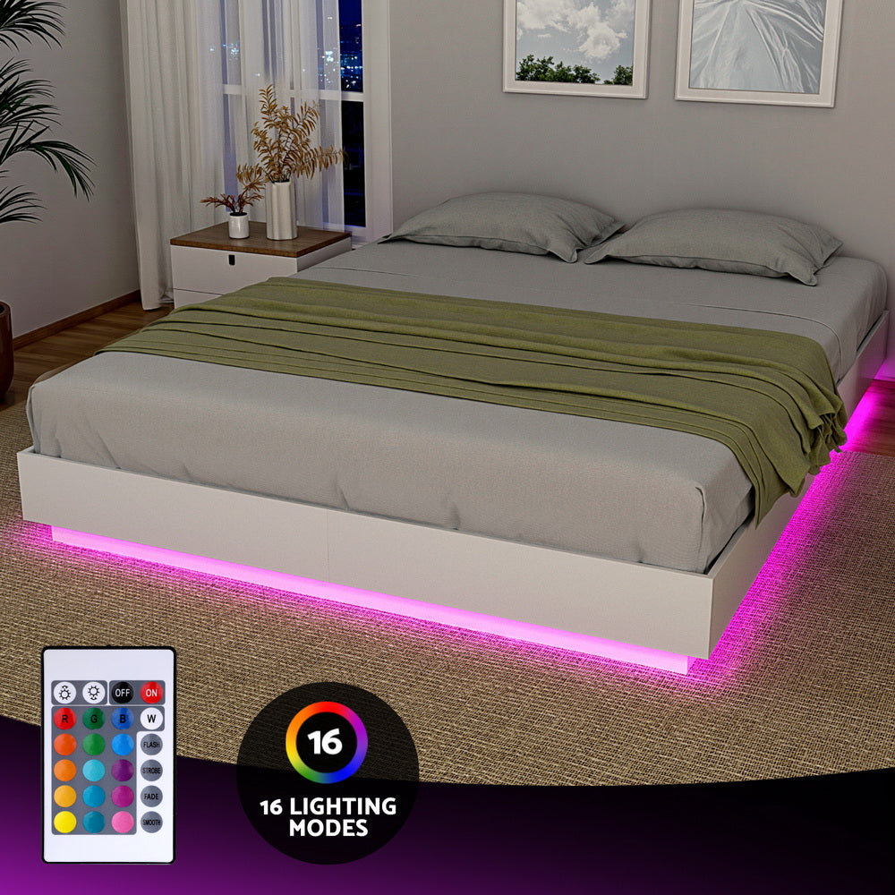 Artiss Double Bed Frame with 16Colour Led Light Wooden Platform Bed Base DAYGLOW