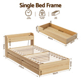 Artiss Single Bed Frame with 2 Storage Drawers Platform Bed Base with USB Ports Sturdy Wooden Slat Support Natural