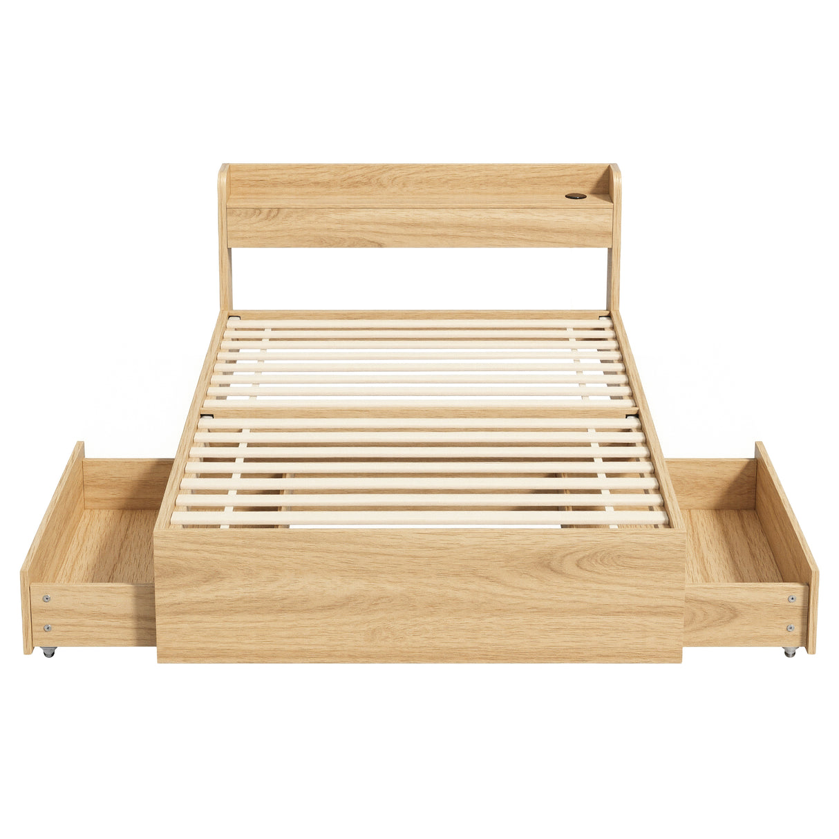 Artiss Single Bed Frame with 2 Storage Drawers Platform Bed Base with USB Ports Sturdy Wooden Slat Support Natural